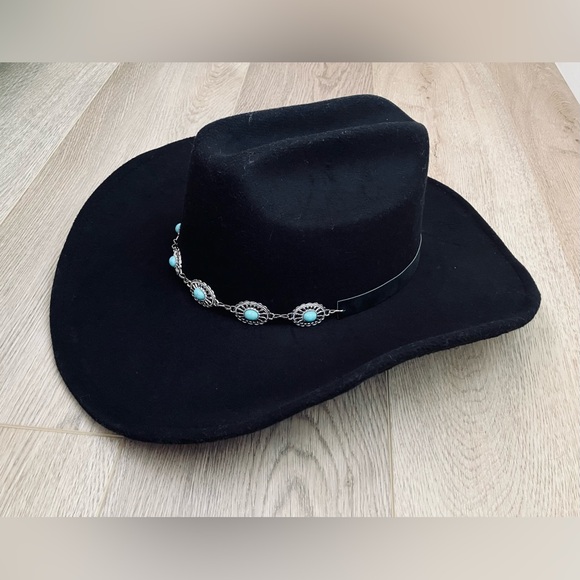 Frye Felt Cowboy Hat Black Cattleman Crease Turquoise Conchos Western OSFM NWT - Picture 2 of 7